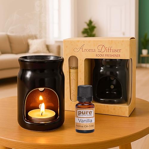 Image of Pure Source India Ceramic Aroma Diffuser Oil Burner - Tealight Candle Wax Melt & Essential Oil Warmer with Gift Box (Black)