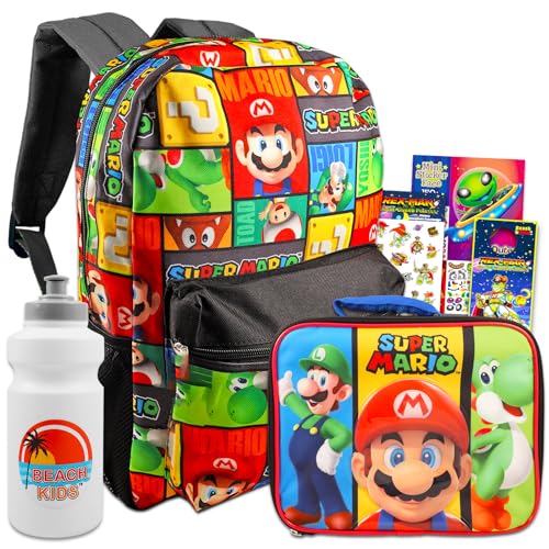 Super Mario Backpack and Lunch Box Set for Kids - Bundle With Lunch Bag, Stickers, Water Bottle, More | Mario Backpack for Boys 4-6