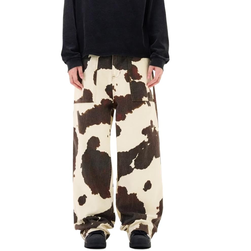 Mens Baggy Jeans Casual Cow Print Y2k Wide Leg Vintage Skater Jeans Hip Hop Streetwear Loose Fit Trousers