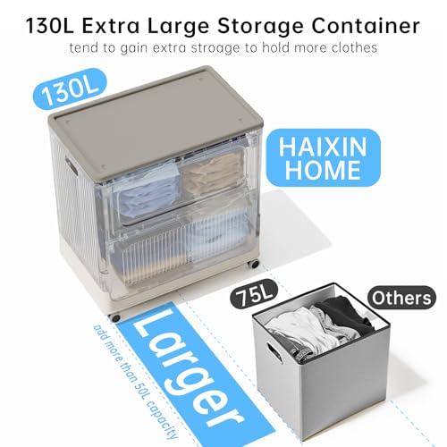 Image of HAIXIN HOME 130L Plastic Laundry Hamper with 3 Soft Bags, Foldable Rolling Clothes Laundry Basket with Lid for Bedroom, Bathroom, Dorm, Heavy Duty Clothes Organizer with Wheels for Bedding, Blankets