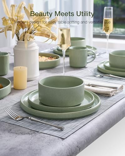 Image of Famiware Star 24-Piece Stoneware Dinnerware Sets for 6 - Shallow Pasta Bowls & Flat Plates, Modern Rustic Reactive Glaze Dishes, Chip & Scratch Resistant, Microwave & Dishwasher Safe, Matte Sage Green