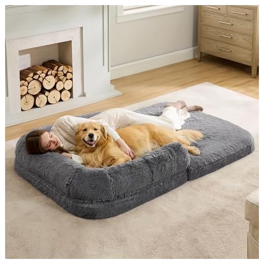 Bedsure Foldable Human Size Giant Dog Bed for Adults, 2 in 1 Calming Pet Bed with Egg Foam Supportive Mat and Waterproof Liner, Faux Fur Orthopedic Sofa, Dark Grey