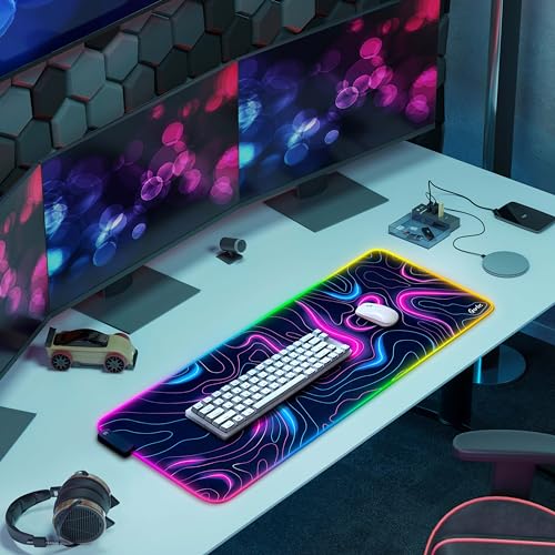 Image of Gerlos RGB Gaming Mouse Pad, Large LED Desk Mat, 31.5 x 11.8 Inch | 12 light modes, non-slip base, water-resistant surface, stitched edges