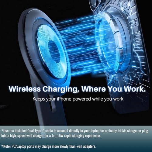 Image of 15W Wireless Charger Magnetic Phone Holder for Laptop & Tesla | Foldable Invisible, Fast for Magsafe Charger, 360 Adjustable & 180 Swivel Continuity Camera Mount, Dual-Screen for iPhone