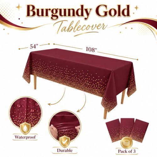 Image of Blue Orchards Burgundy and Gold Dots Table Cover (Pack of 3 with 20 glue dots) - 54 inchx108 inch XL - Red Plastic Tablecloth, Bridal Shower, Wedding, Graduation Decoration, Picnic Red Birthday Party Supplies