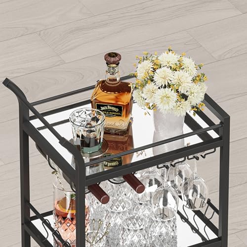 Image of TUTOTAK Bar Cart with 3 Mirrored Shelves, Wine Rack & Glass Holder | 3-Tier 18.5 Inch Wide Home Bar Serving Carts, Small Mobile Kitchen Shelf with 6 Hooks, Black BC01BK034