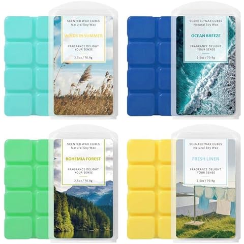 DERDUFT Scented Soy Wax Melts 4 Pack, Fragrance for Wax Melt Candle Warmer, Scent of Fresh Linen, Ocean Breeze, Winds in Summer, Bohemian Forest Cover