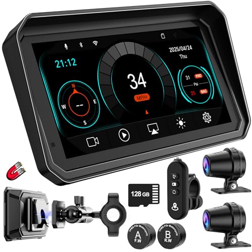 2026 LBW 6' Portable Motorcycle CarPlay GPS(Includes 128G SD), with Wireless Android Auto, Dual 2K Dash Cam/Recorder, Navigation, HD Waterproof Touchscreen, Quick-Release Magnetic Bracket, TPMS, BT