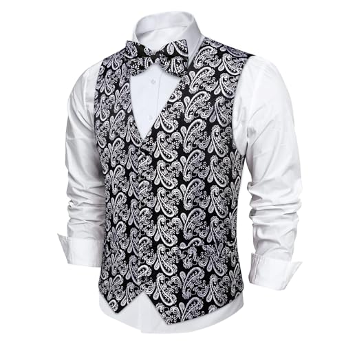 Image of DiBanGu Mens Paisley Suit Waistcoat,Silk Dress Vest and Bowtie Pocket Square Cufflinks with Lapel Pin Set for Wedding Tuxedo