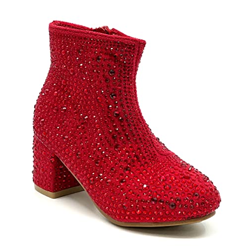 Forever Girls Rhinestone Boots Kids Low Heel Dress Booties Iceberg-12K Shoes Red Rhinestone 1