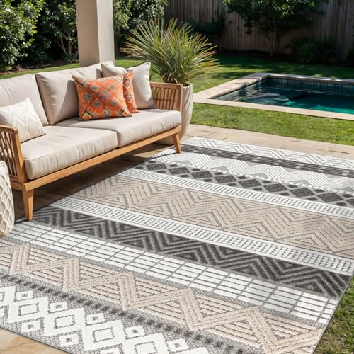Rugshop Marbella Contemporary Boho Non-Shedding Patio Deck Backyard Indoor/Outdoor Area Rug 5' x 7' Gray