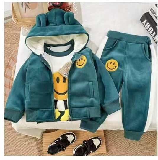 Image of Bold N Elegant Kids Polyester Printed 3d Happy Smile Face Cartoon Winter Warm Hoodied Jacket Sweatshirt and Pajamas 3 Pc Layering Party Clothing Set