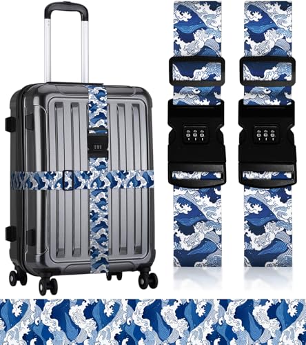 Image of Luggage Straps for Suitcases Travel Belt Luggage Band with Lock Heavy Duty Traveling Luggage Identifier Wave Cute Women Girls Unique Accesory Personalized