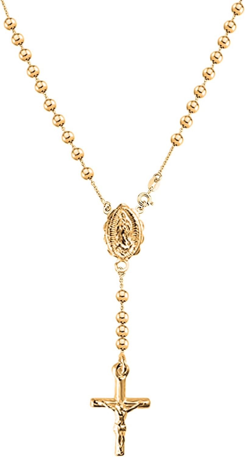 Savlano 925 Sterling Silver Italian Solid Bead Chain Cross & Rosary Virgin Mary Pendant -18K Gold Plated Y Necklace Comes With Gift Box for Women - Made in Italy