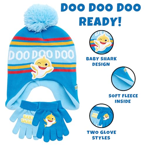 Image of Nickelodeon Boys' Baby Shark Winter Hat and 2 Pairs of Mitten Set (Toddler)