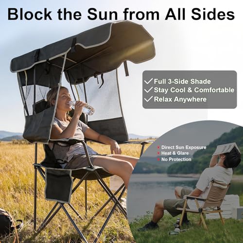 Image of Romswi Large Folding Canopy Camping Chairs for Adult 2 Pack, Portable Outdoor Chairs with Sunshade,Cup Holder & Side Pocket for Camping, Fishing, Beach, Backyard, Black