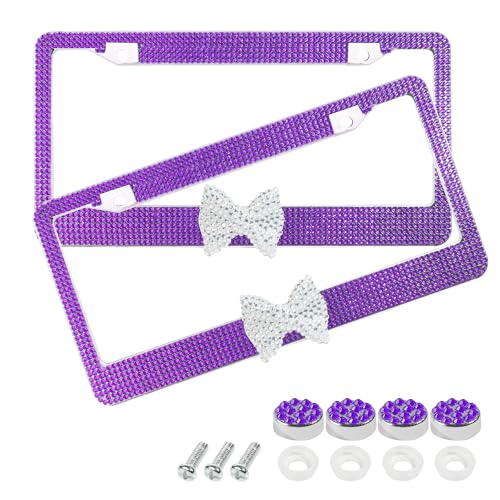 SCUARI Car Rhinestone License Plate Frame Bling License Plate Frame Cute Girly Car Accessories Shiny Rhinestones Premium Licenses Plates Holder with Mounting Bolts Fits Cars SUVs (Purple&White)
