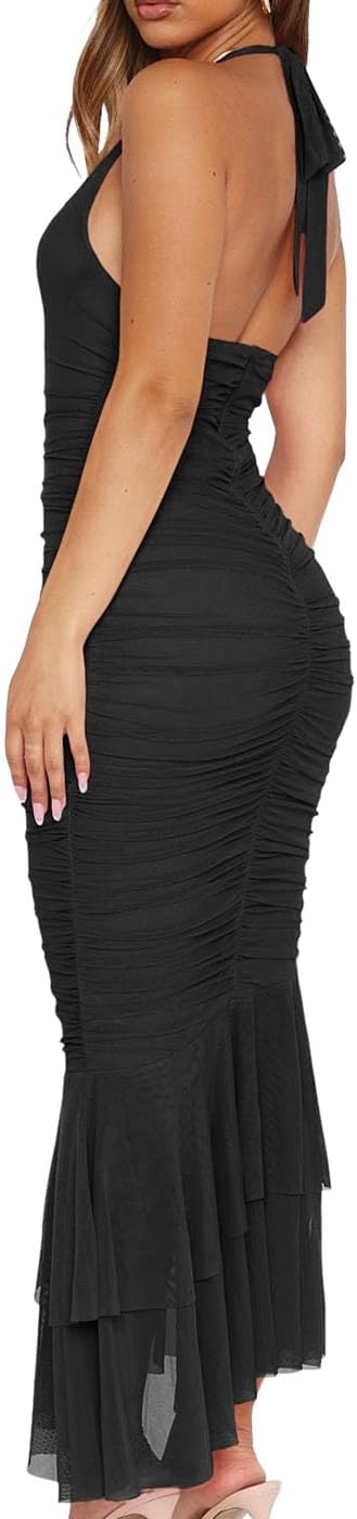 Women's Sexy V Neck Tie Halter Mesh Ruffle Hem Ruched Bodycon Cocktail Party Maxi Dresses - Image 2