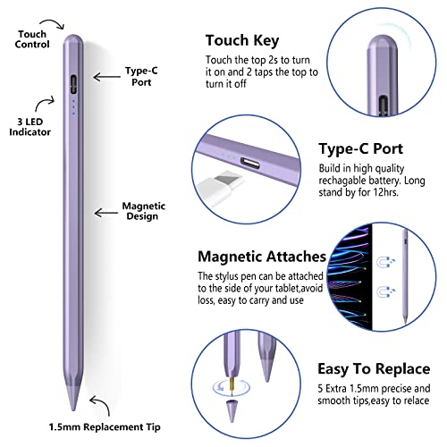 Image of TaIYanG iPad Stylus Pen for iPad 2018-2026, Palm Rejection, Fast Charging | Tilt Sensitivity, for iPad Pencil A16 /10 /9 /8 /7 /6, Pro 11 /13 inch (M5 /M4),Air M4 /M3 /M2 /5th /4th, Pro 11 /12.9 inch, Mini 6 /5, Purple
