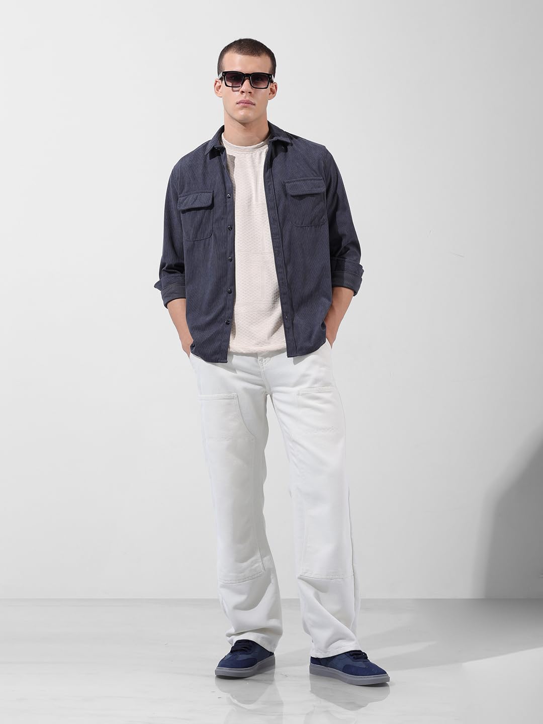 The Indian Garage Co Camicia da uomo vestibilità regolare ricamata, maniche lunghe, colletto a spalla mancante, abbigliamento da strada