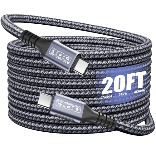 USB C to USB C Cable 20ft 240W PD Fast Charging 20Gbps Data Transfer 4K@60Hz Video Cable Durable Braided Nylon Type C Charger Cord Compatible with iPhone 17/16/15 MacBook iPad Portable Monitor
