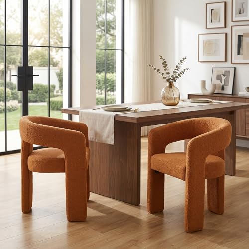 Image of HNY Modern Barrel Kitchen & Dining Room Chairs Set of 2, Sherpa Upholstered Accent Chairs with Arm, 18.5'' Wide Side Armchairs Vanity Chairs for Living Room Bedroom Makeup Small Spaces, Orange