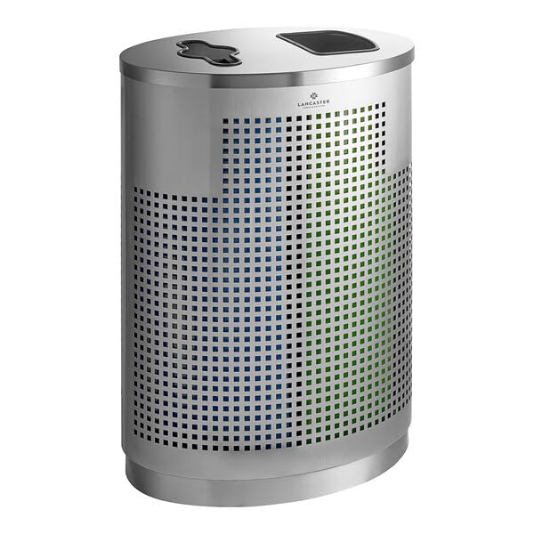 32-Gallon Stainless Steel Dual Stream Trash Can Silver with Blue and Green Indoor Recycling Waste Bin Oval Shape