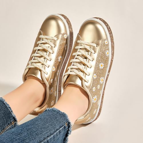 Image of UUBARIS Women's Glitter Tennis Sneakers Neon Dressy Sparkly Sneakers Rhinestone Bling Wedding Bridal Shoes Shiny Sequin Shoes