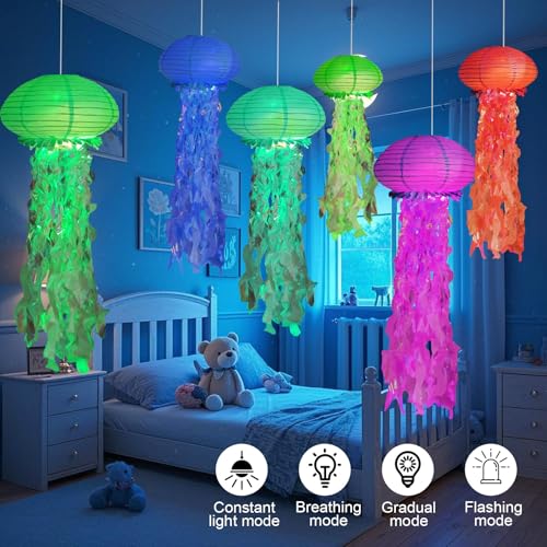 Image of 6 Pack Glowing Jellyfish Lanterns with Color LED, Hanging Jellyfish for Under The Sea Party, Mermaid Birthday Decorations, Ocean-Themed Decor, Jellyfish Decor with 36ft String