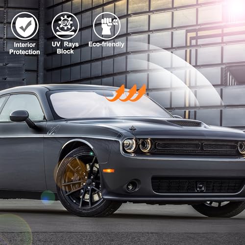 Image of Windshield Sun Shade Compatible with 2015-2023 2024 2025 Dodge Challenger Accessories Coupe,SRT Hellcat,Redeye,GT,RT,TA Coupe,Widebody,SXT,RT Scat Pack Sun Visor Protector