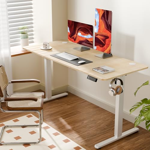 Image of ERGOMAKER Electric Standing Desk 140x60cm (55.1 inchx23.6 inch), Height Adjustable Sit Stand Desk with Splice Board for Home Office, Computer Desk Memory Preset (White Frame + Golden Oak Desktop)
