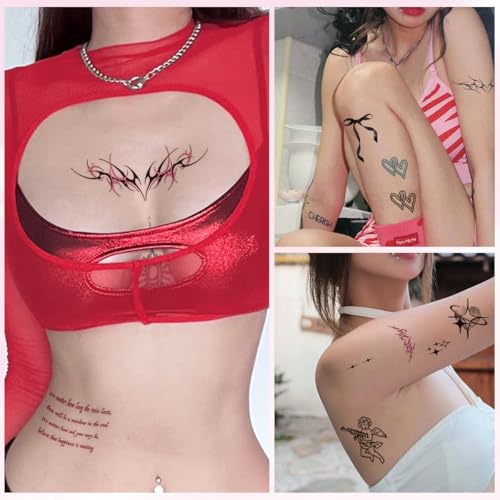 Image of MAYCREATE 10 Sheet Y2K Temporary Tattoo Stickers Set, Cute Y2K Style Water Transfer Tattoos, Butterfly Bow Heart Skull Tribal Flame & Grunge Body Art Stickers Festival Party Fashion Accessories