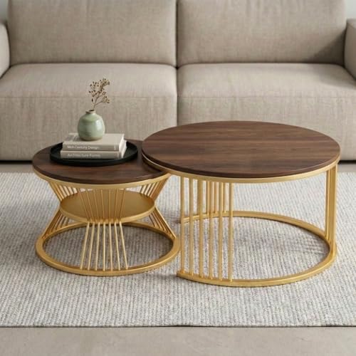 Image of Coffee Table, 20 inch Round Coffee Table Set of 2, Wooden Nesting Table with Metal Frame, Center Tables for Living Room Bedroom Balcony Bedside Table Gold Brown