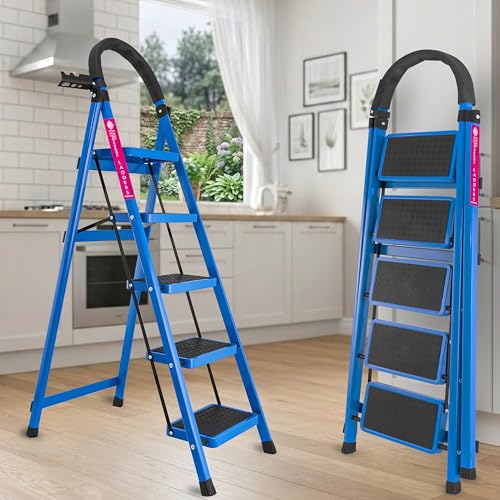 Image of Casa Copenhagen Blue 5 Step Ladder for Home Use with Built-in Tool Tray | Heavy Duty D Shape Rods | Ultra Large Platform | Wide Rubber Feet | 150Kg Capacity Foldable Ladder - 7 Years Warranty