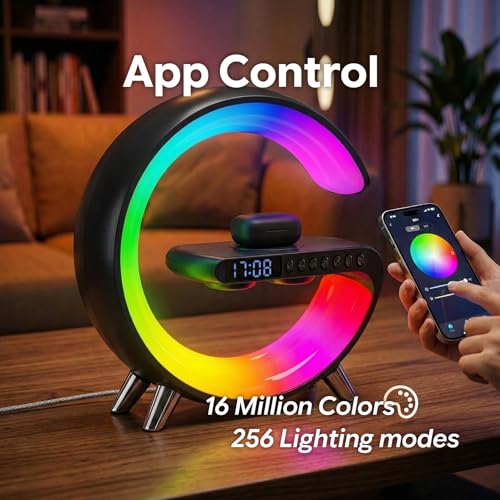 Hirsionsan Smart LED Table Lamp for Bedroom with Wireless Charging Bluetooth Speaker, App Controlled Night Light for Kids, Christmas Birthday Gifts for Teens Adults Desk Office Bedroom Decor (Black by Hirsionsan - Used condition - Image 4