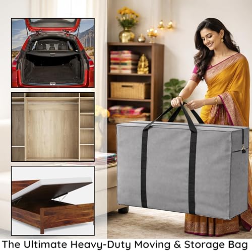 Image of Storite 2 Pack Heavy Duty 1680 Denier Nylon 158 LMulti-Purpose Moisture Proof Extra Large Toys /Stationery Paper /Blankets /Underbed Storage Bag /Moving Bags /Shifting bags(Grey, 86x54x34 cm) Rectangular