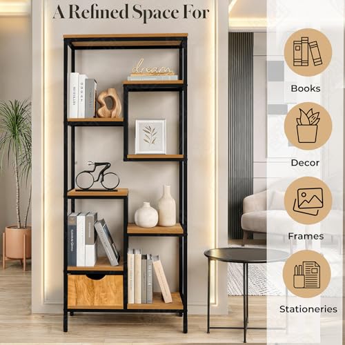 Image of ABOUT SPACE Book Shelf for Home - 7 Shelves,1 Bottom Drawer, Modern 19mm Metal Frame|Engineered Wood Book Rack for Study Room, Book Organizer Stand for Library, Bedroom (L 58 x B 30 x H 158cm -Teak)