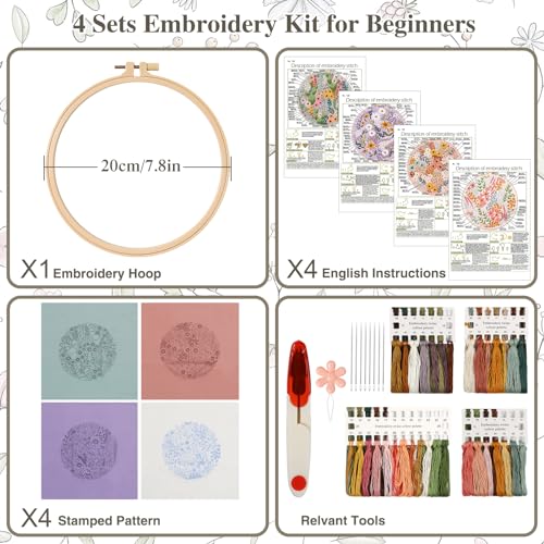ASTNIC 4 Sets Embroidery Kit, Embroidery Kits for Adults Cross Stitch Kits with Hoop, Embroidery Needles, Threads - Image 3