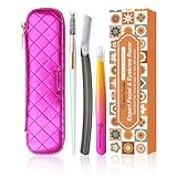 Women's Dermaplane Face & Eyebrow Razor Kit with GlamTweeler Slant Tweezers, Spoolie Brush, and Luxury Leather Storage & Travel Case + 10 Refill Blades (Black)
