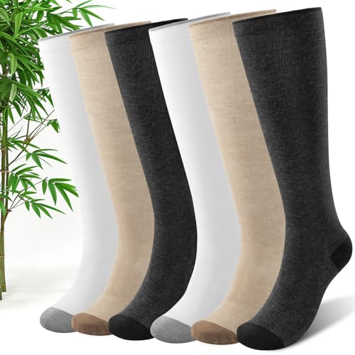Bamboo Viscose Compression Socks for Women (6 Pairs) 20-30 mmHg Knee High Support for Nurses Travel Pregnant