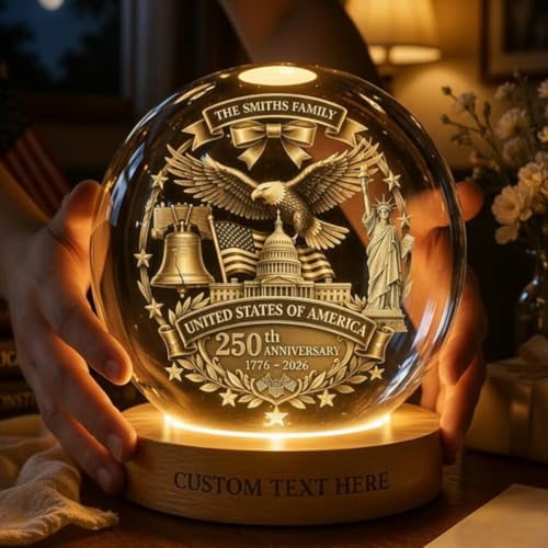 Image of 250 Anniversary USA Merchandise, Personalized 250th Anniversary Crystal Ball Night Light, Custom 1776-2026 USA LED Lamp, Engraved Patriotic Gift, American Independence Decor Light for Home