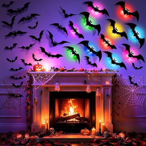 Image of LUDILO 48P Bats Halloween Decorations + 12P Rechargeable Lights with Remote | Color Changing Light up Bats Wall Decor 3D Bat Stickers, Halloween Window Wall Door Room Party Decor Indoor Outdoor, Timer