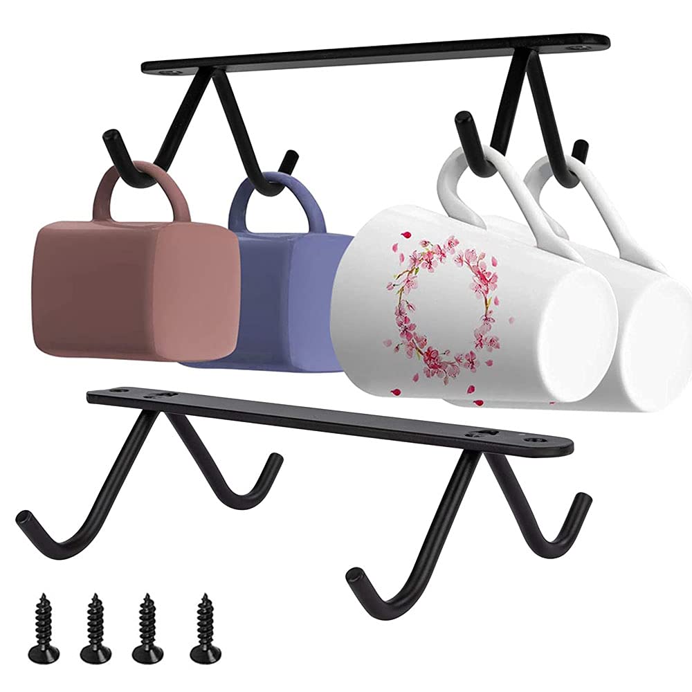 Zefeng 2 Piezas Soportes para Tazas, Estante para Tazas de Hierro, Colgador para Tazas 8 Ganchos Soporte Bajo Balda de Mueble y Armario de Cocina Organizador Sujeción por Tornillos Lacado Negro