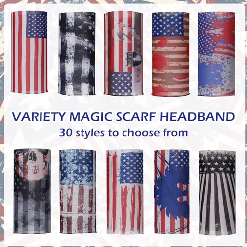 JaGely 30 Pieces Skull Neck Gaiters Scarf Elastic Independence Day Wrap Headband Bandana Face Mask for Women Men Sports3