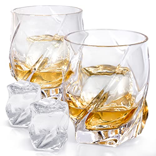 Vride Crystal Whiskey Glasses/ Set Of 2 /Matching Engraved Silicone Ice Ball Mold Tray/ 9Oz Heavy Tumbler Whisky Hand Blown Glass/ Scotch Bourbon Manhattan Old Fashion Cocktail/ Gift Set Men #TOP1