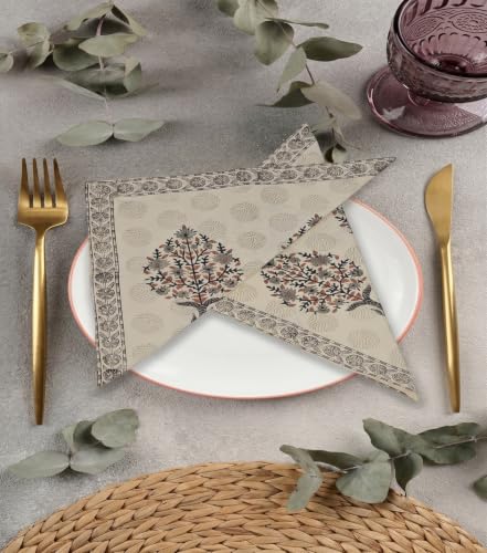 Image of BLOCKS OF INDIA Hand Block Print Cotton Table Napkin Set of 6 (Brown BUTA)