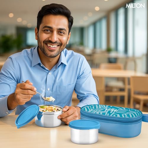 Image of MILTON Plato Pack Big Stainless Steel Lunch Box (2 X 500 ml containers) with Jacket | Leak Proof, Food Grade I Lightweight, Odour Proof | 1 Year Warranty I Ideal for Office, School, Travel, Blue