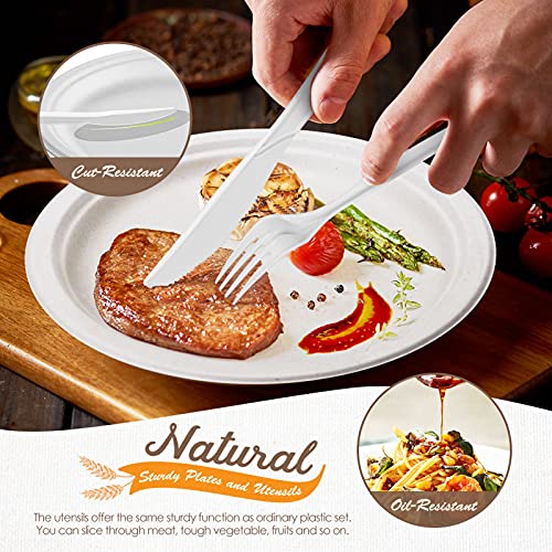 Image of 350pcs Compostable Paper Plates Set Disposable Plates 9 Inch 7 Inch for Wedding Party Eco-friendly Sugarcane Plates Biodegradable Cutlery Forks Knives Spoons Cups and Straws for 50 Guests