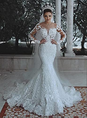Church Mermaid Wedding Dresses Court Train Formal Long Sleeve V Neck Lace with Appliques Bridal Gowns2