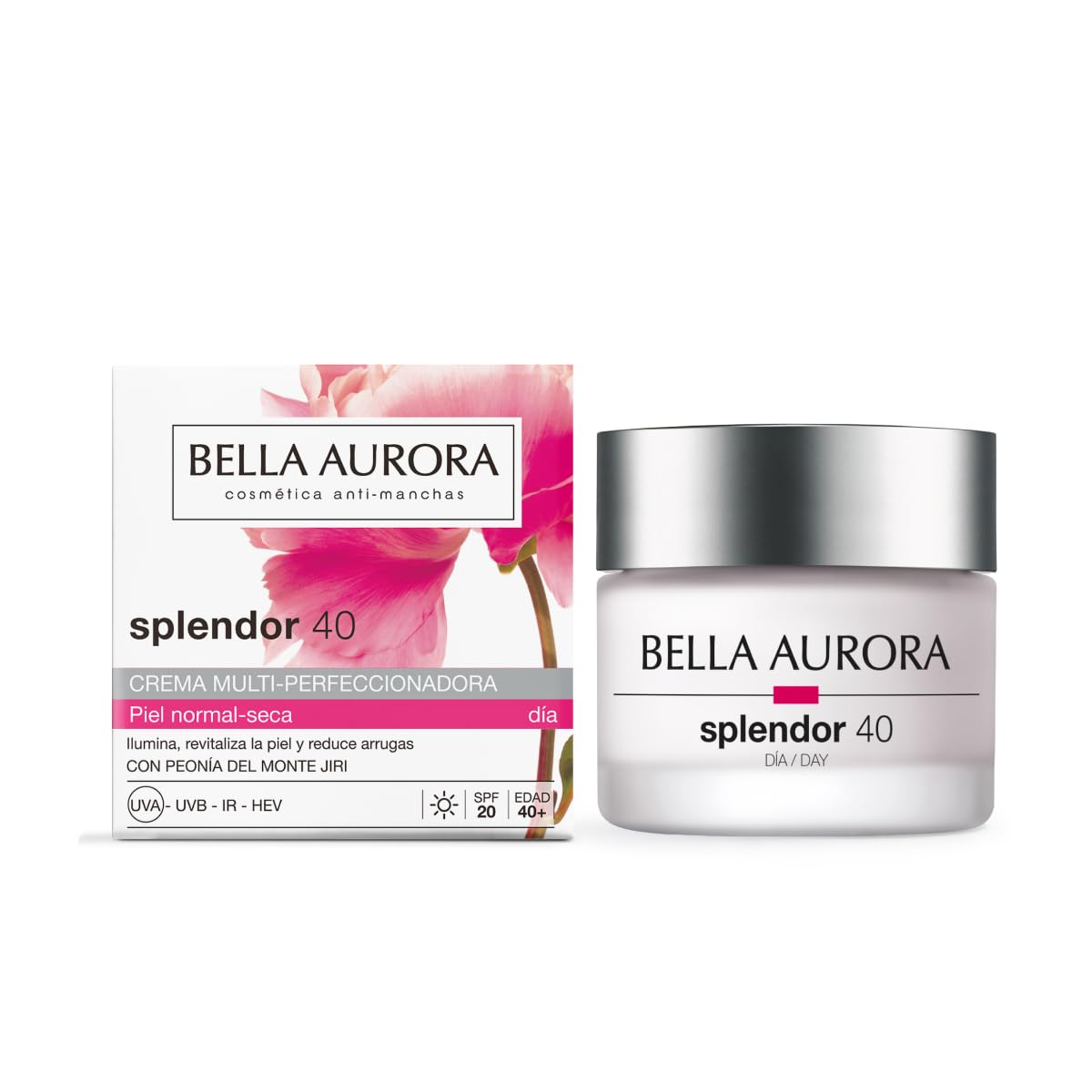 BELLA AURORA - Splendor 40 Crema Hidratante para Piel Seca, 50 ml, Antimanchas y Antiedad, Protección SPF20, Uso Diario para una Piel Luminoso y Saludable